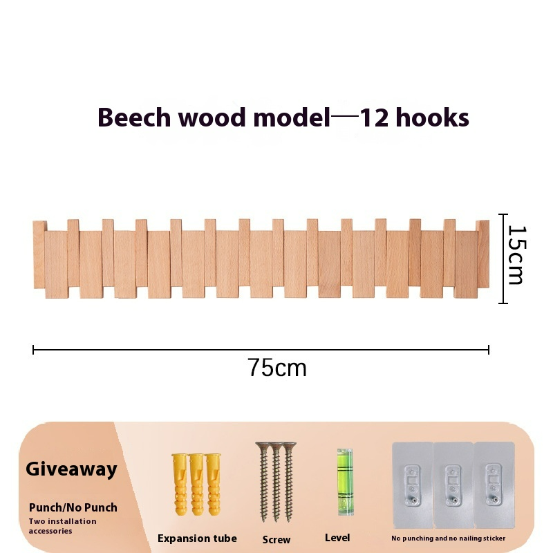 Wall-Mounted Wooden Key and Coat Hook Rack, 4 to 12 Hooks