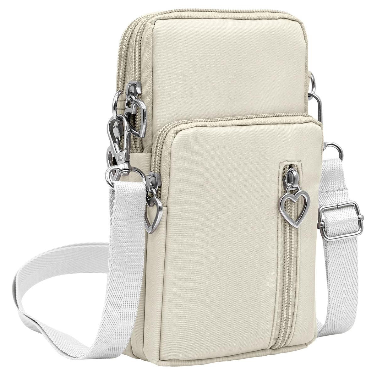 Small Nylon Crossbody Phone Bag with 4 Zip Pockets, Off White