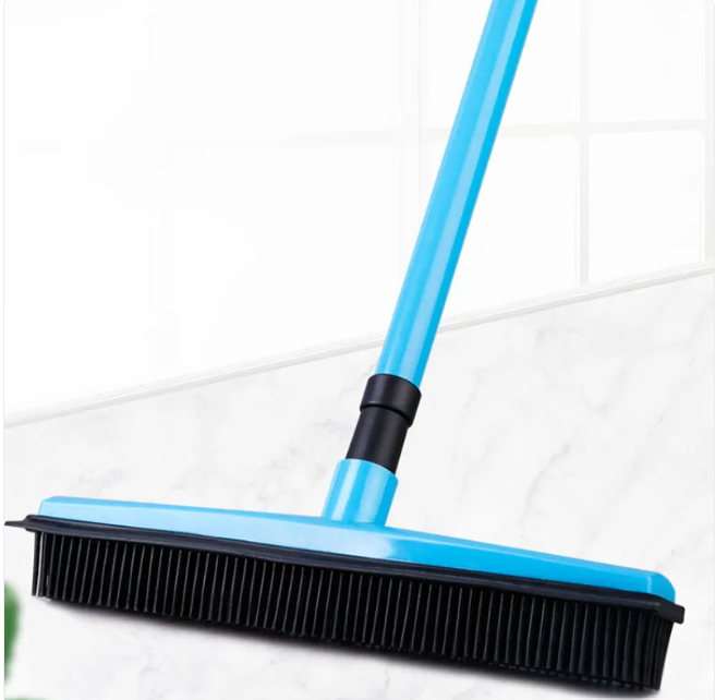 Rubber Pet Hair Broom with Flat Scraper Head and 3-Section Handle