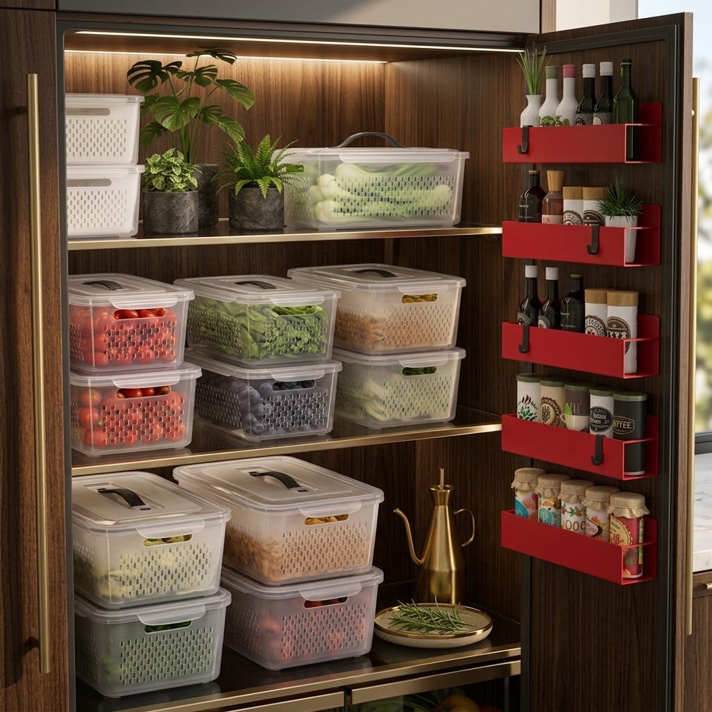 Ventilated Fridge Produce Organizer Bins for Fruit and Vegetables