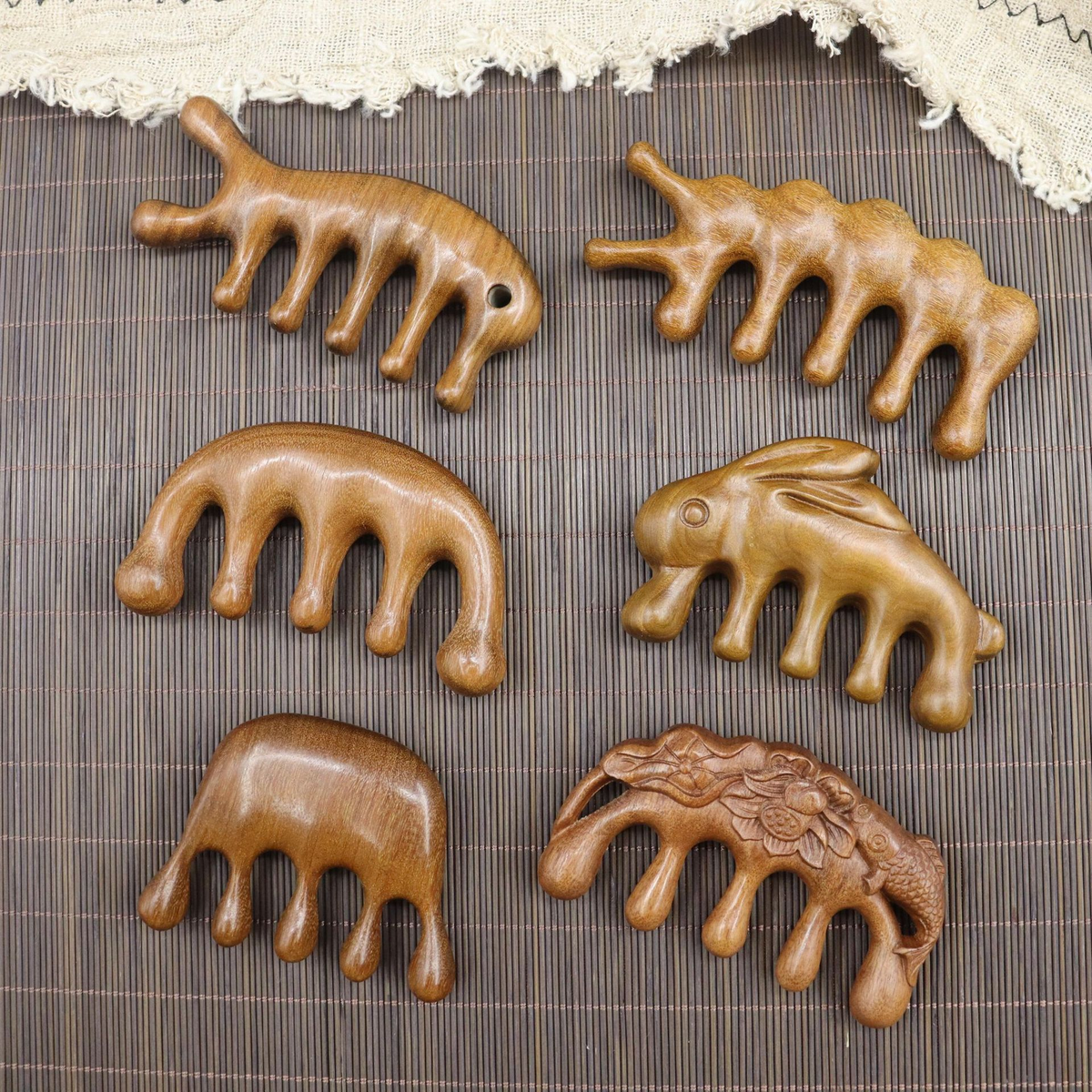 Golden Sandalwood Five-Tooth Scalp Massage Comb, Multiple Shapes