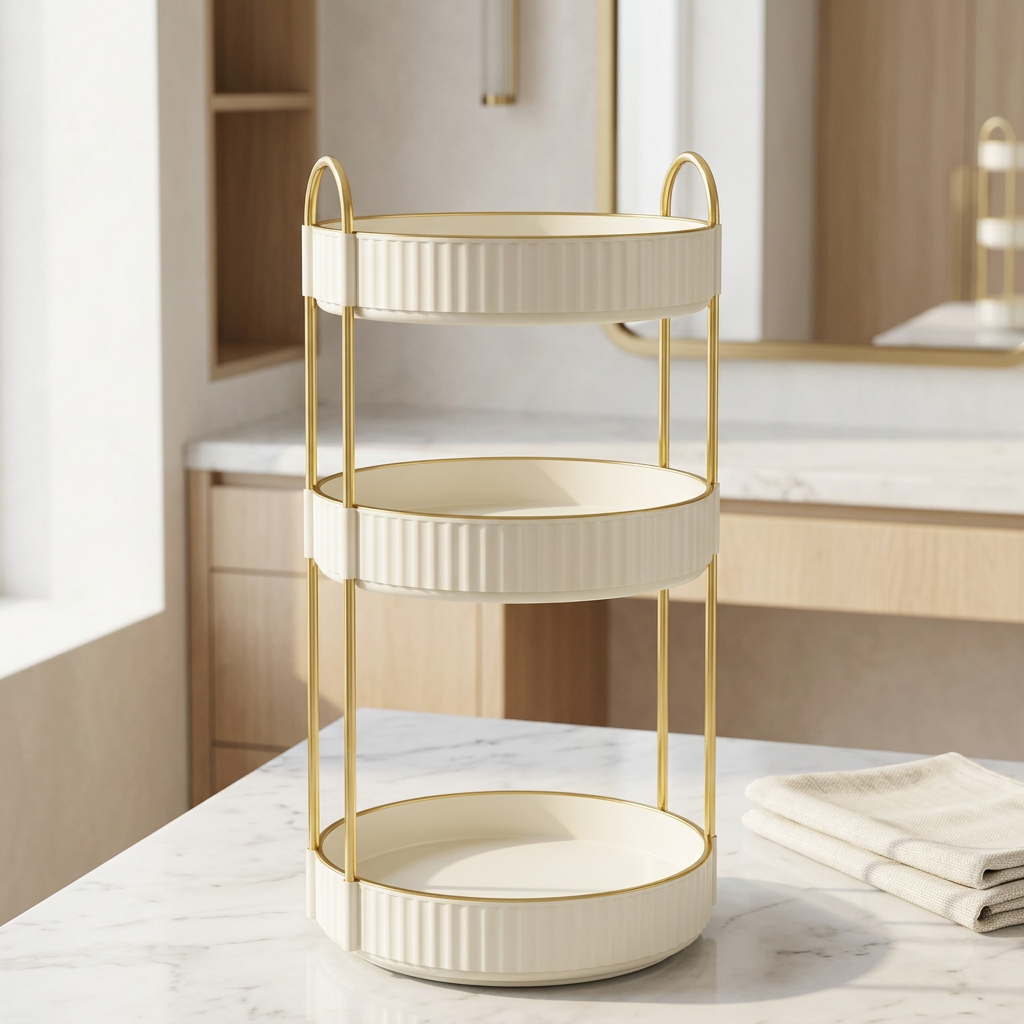 3-Tier Round Rotating Skincare Organizer, Metal and PET, Cloud White