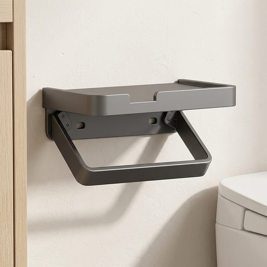 Aluminum Toilet Paper Holder with Phone Shelf, Grey or Black