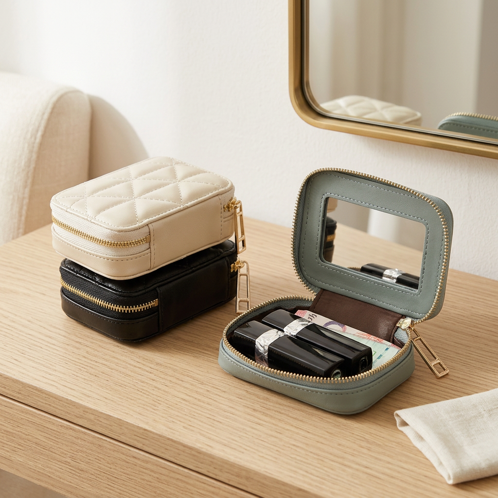Square Leather Travel Makeup Case with Mirror, 5 Colors