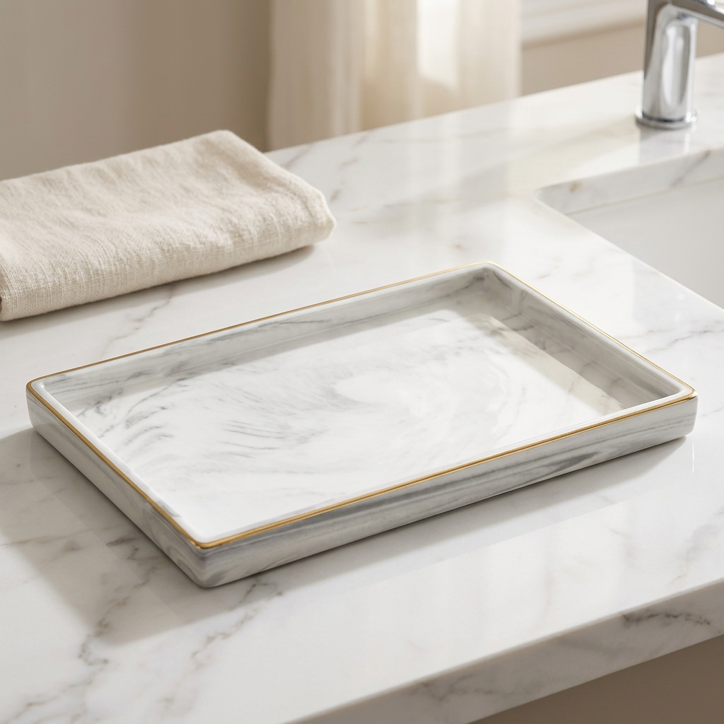 Marble-Pattern Ceramic Vanity Tray with Gold Rim, 30 x 20 cm