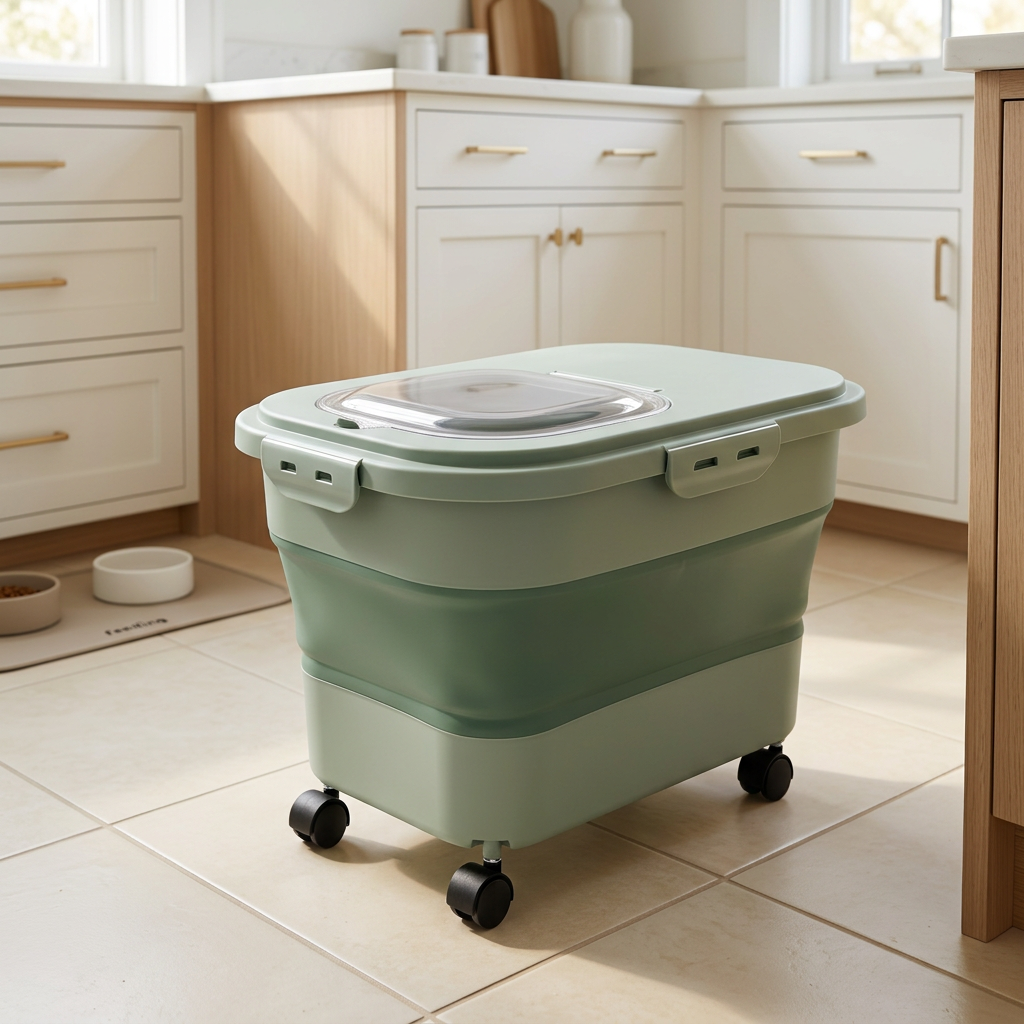 Collapsible Pet Food Bin with Wheels, Scoop and Cup, 20 lb, Light Green