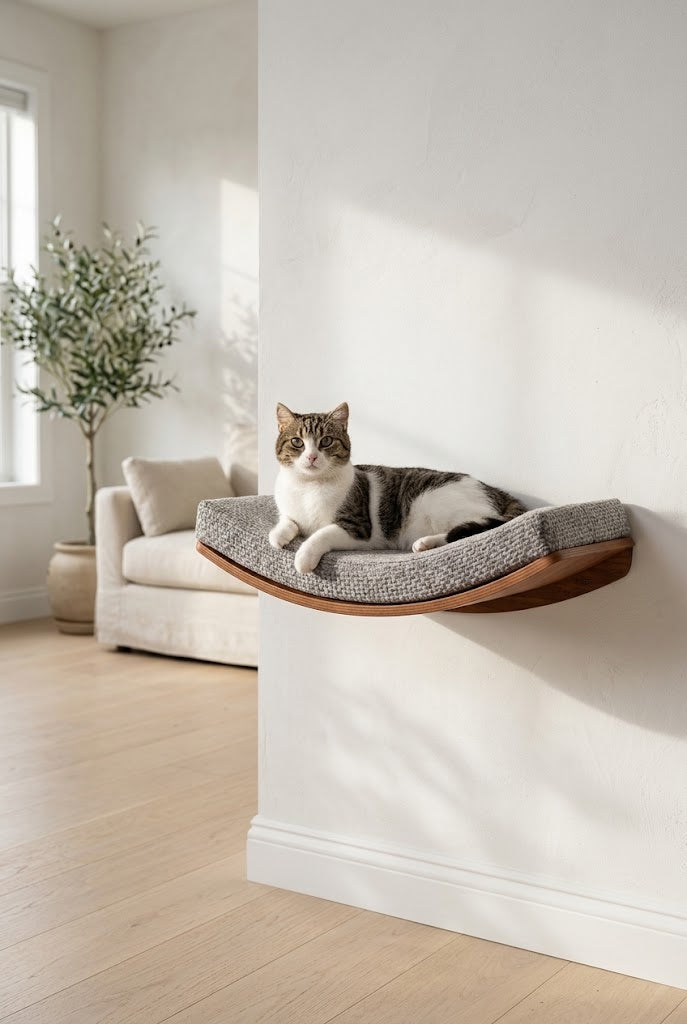 Cat Wall Shelf Set with Curved Perch and 2 Pine Steps, Walnut