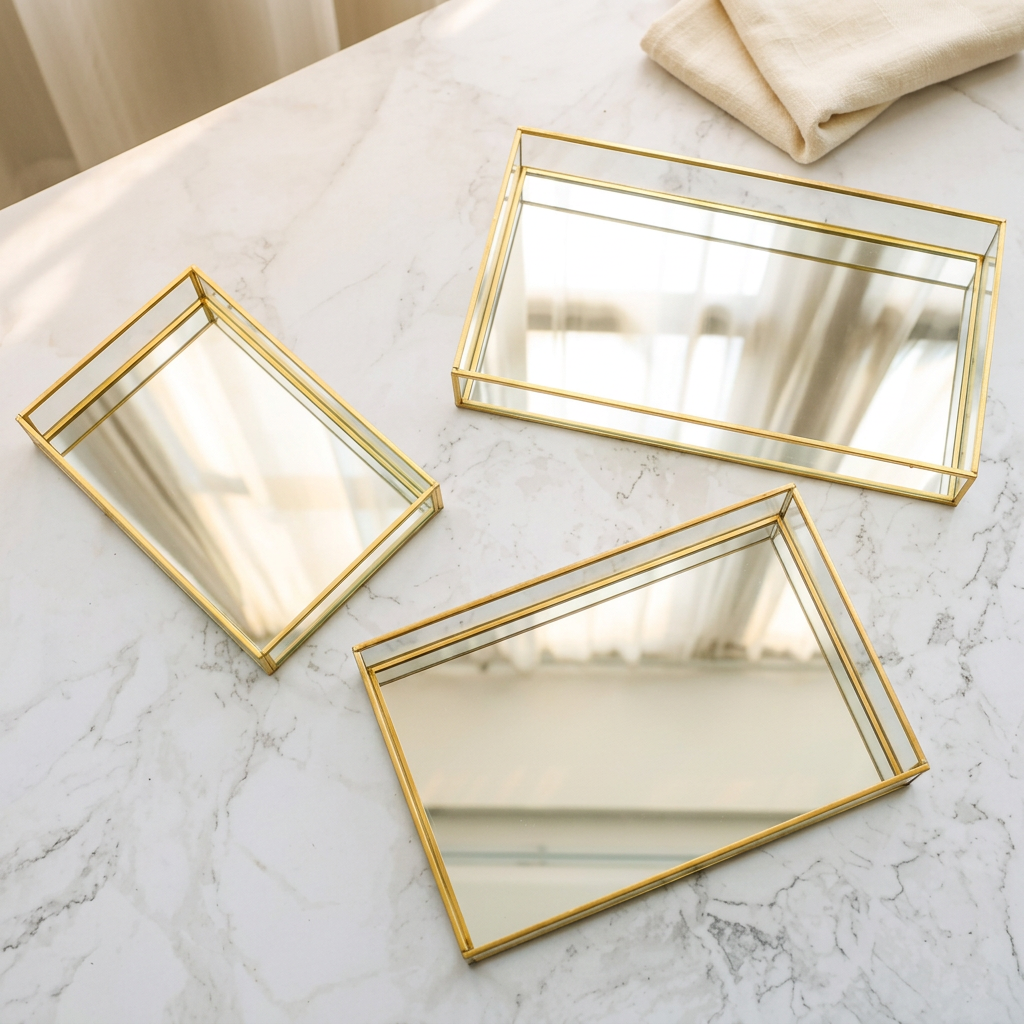 Gold Metal and Glass Vanity Tray, Handmade, 5 Sizes