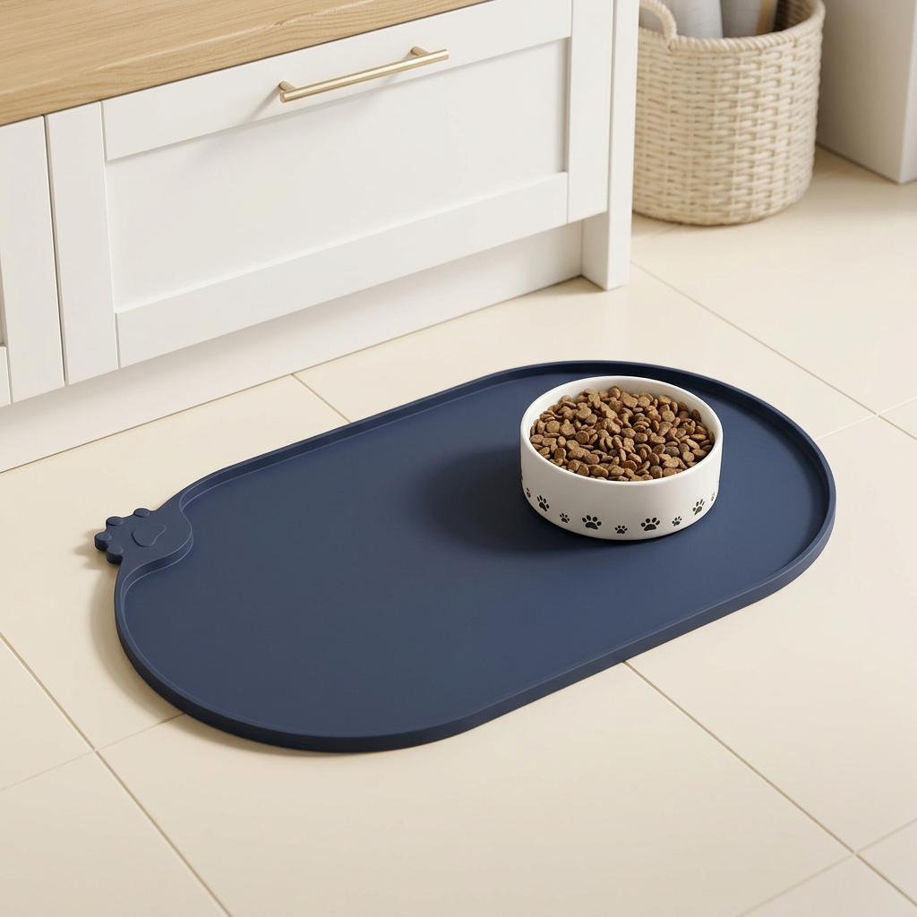 Non-Slip Silicone Pet Feeding Mat with Raised Lip, 18 x 12 in, Navy