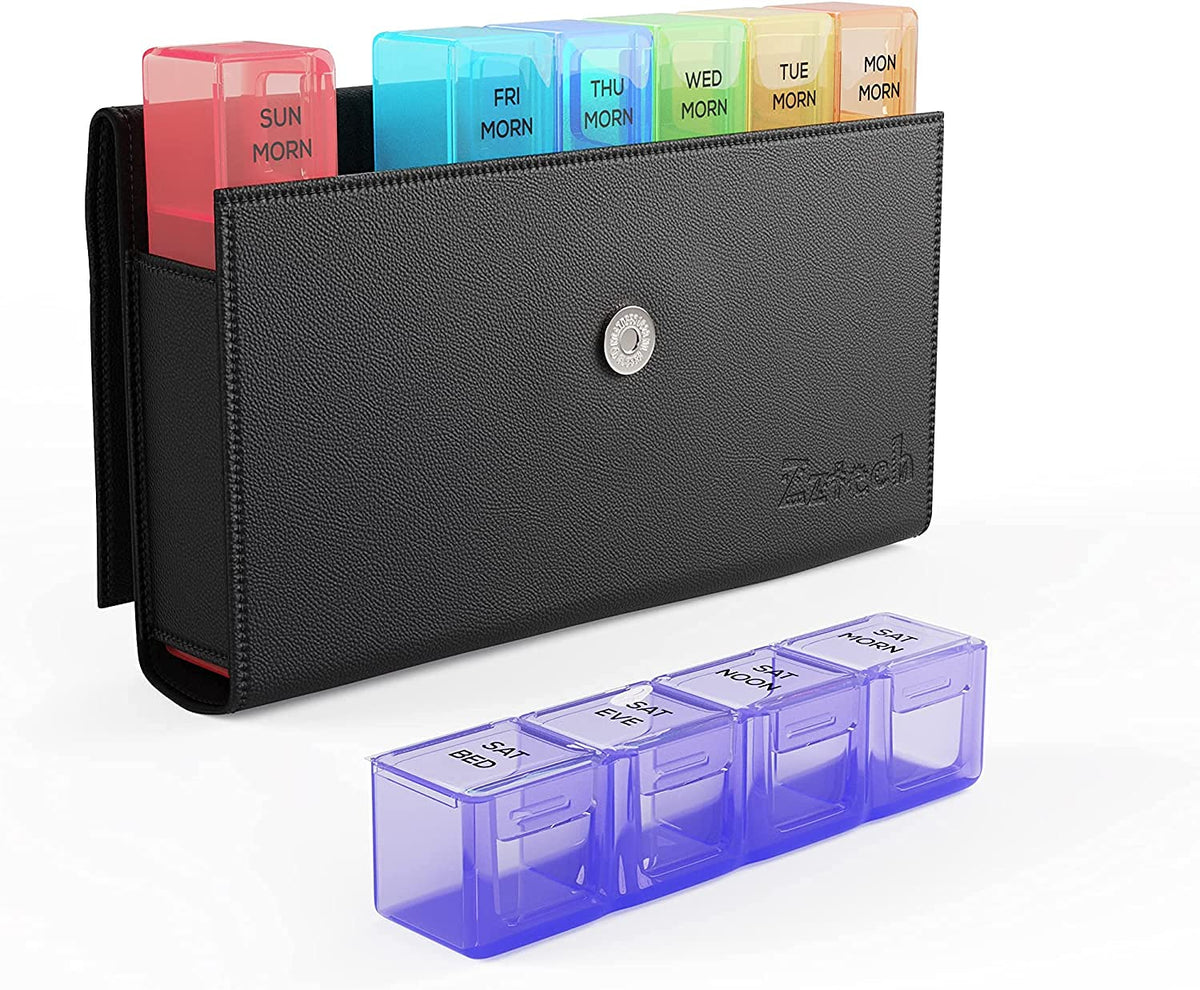 Extra-Large 7-Day Pill Organizer with 4 Daily Compartments and PU Case