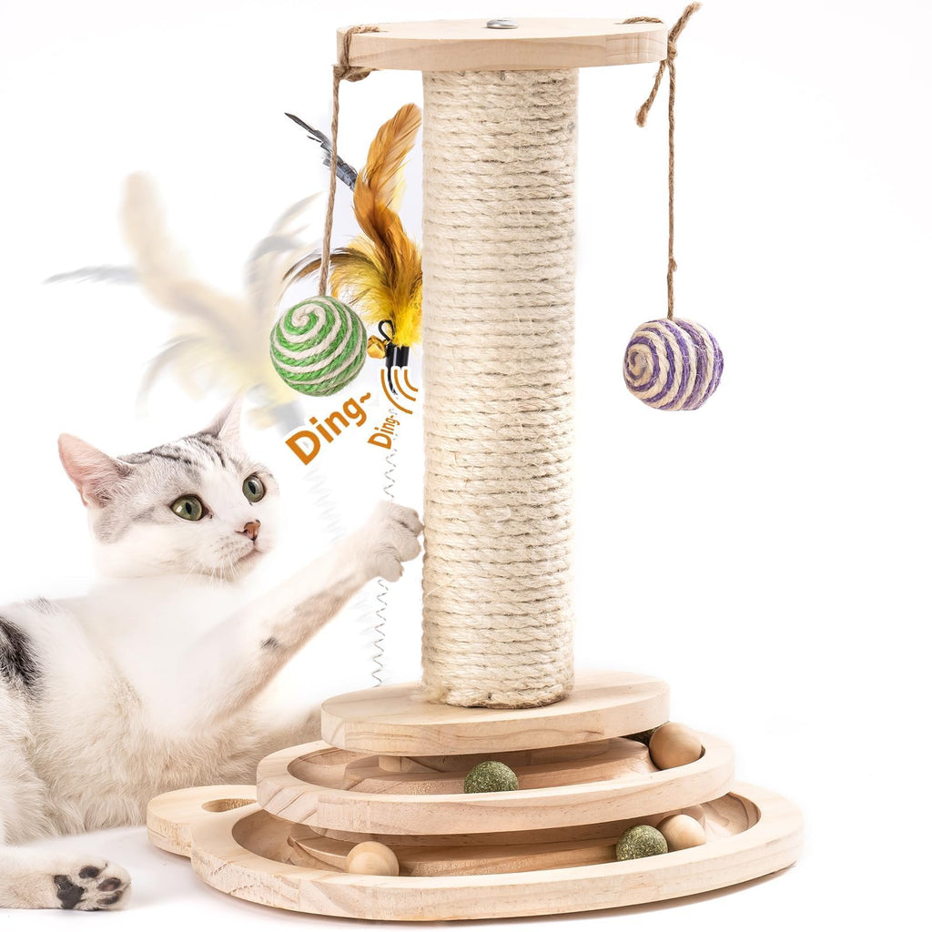 2-Layer Cat Ball Track Toy with Sisal Pole and Feather Wand, Large