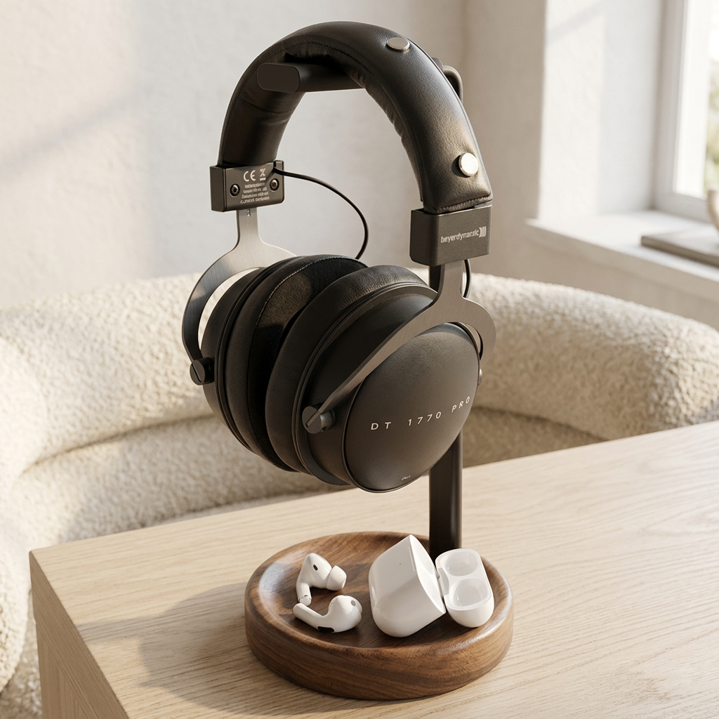 Walnut and Aluminum Headphone Stand with Non-Slip Base