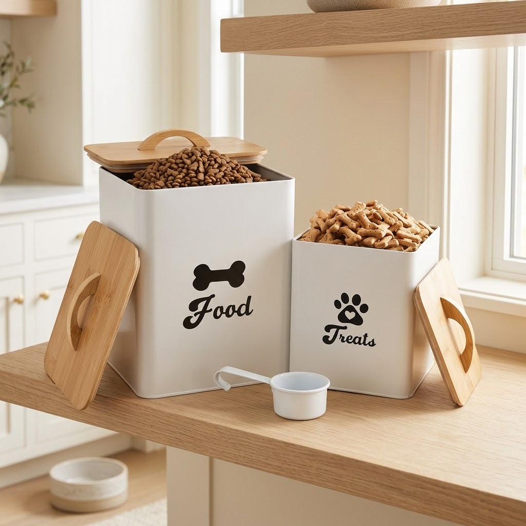 Airtight Metal Dog Treat Tins with Wooden Lids and Scoop, Set of 2