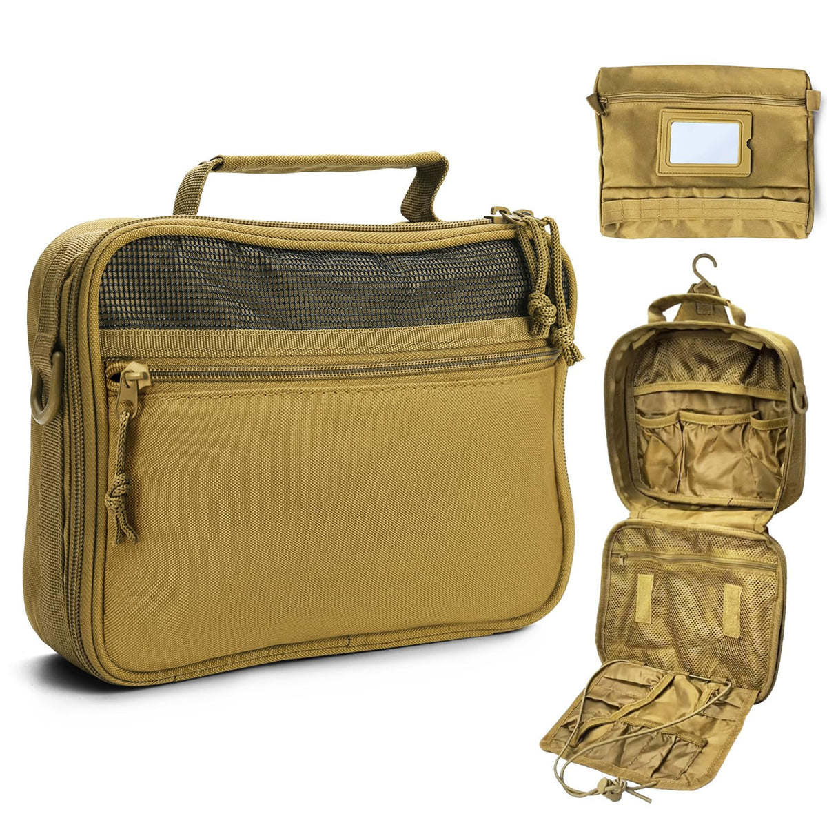 Hanging Travel Toiletry Bag with Removable Mirror Pouch, Khaki