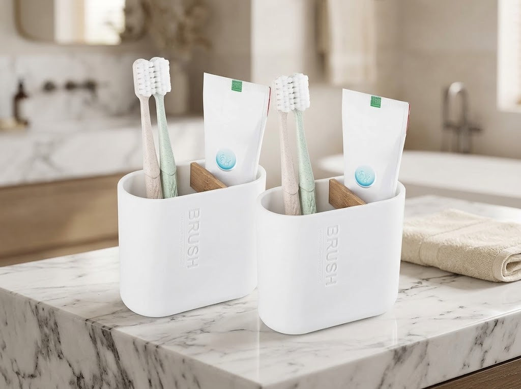 Toothbrush and Toothpaste Holder with Bamboo Dividers, 2 Pack, White