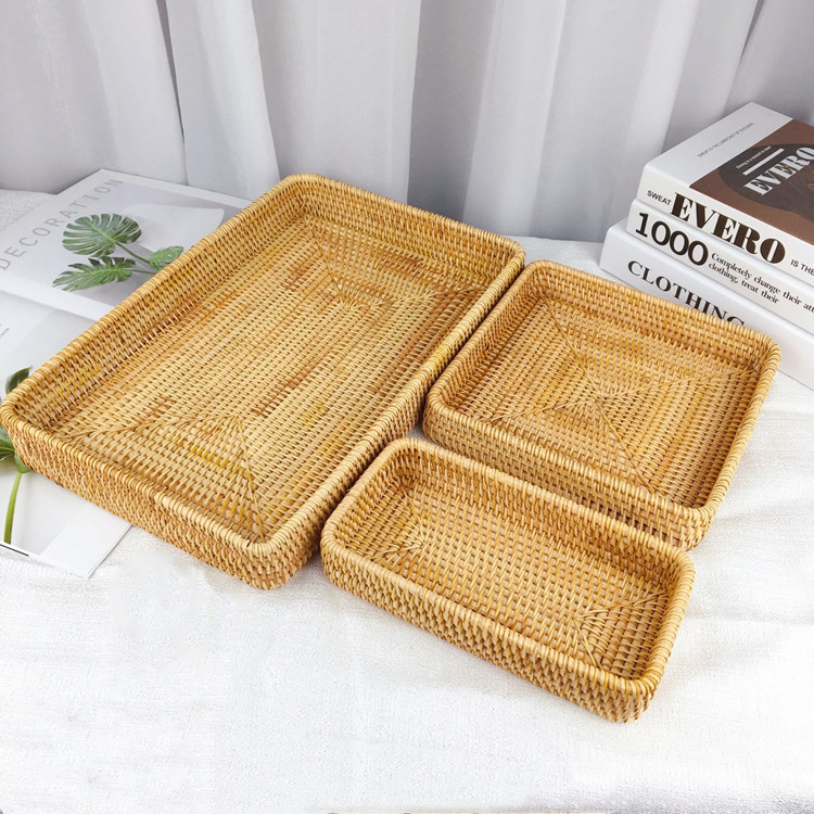Woven Rattan Desktop Storage Tray, Japanese Style, 4 Sizes