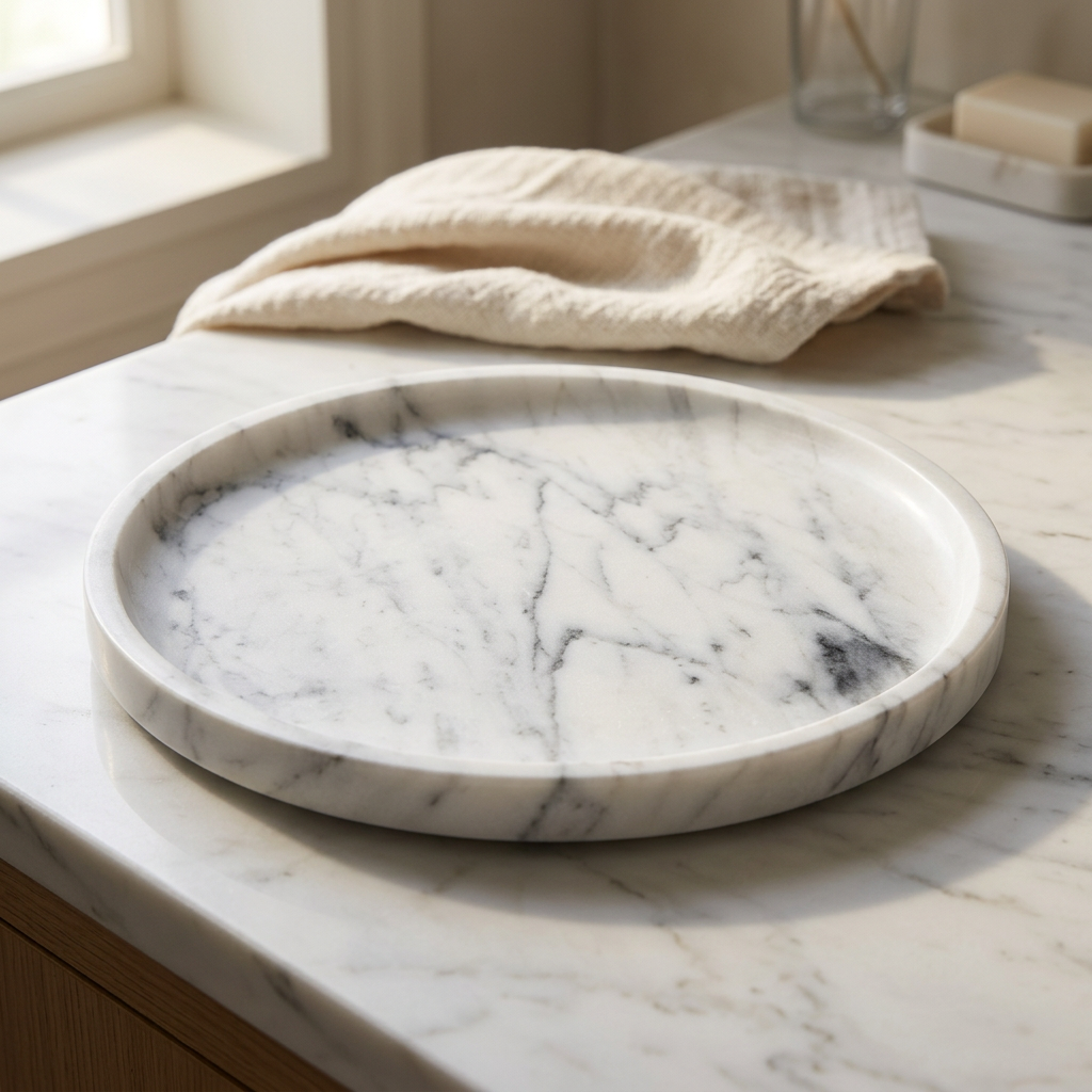 Round Italian Marble Vanity Tray, 9.8 in, Arabescato