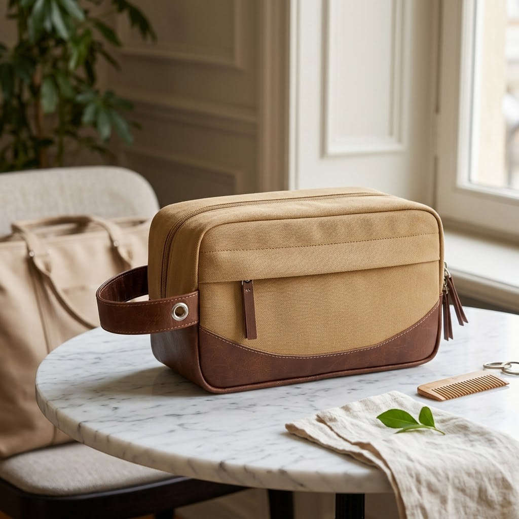 Hanging Toiletry Bag in Polyester and PU Leather, Brown