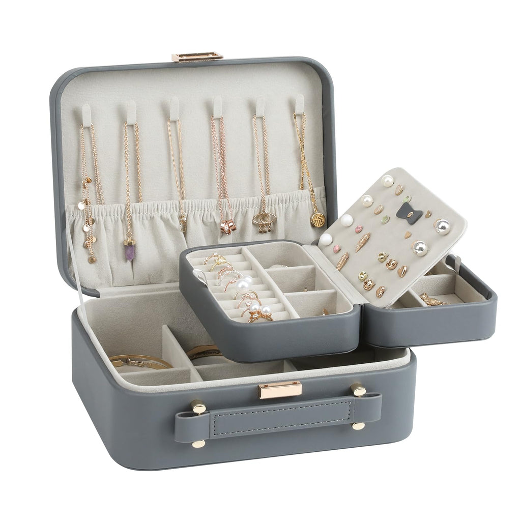 Large 2-Layer Travel Jewelry Case with Handle and Removable Tray, Grey