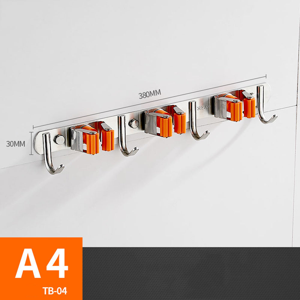 Wall-Mounted Broom and Mop Holder with Grips and Hooks, Orange
