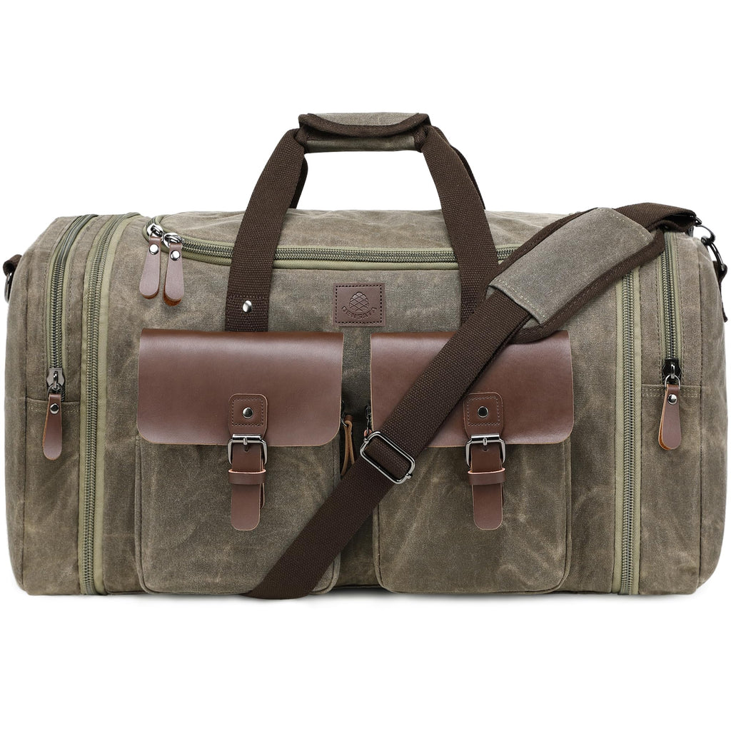 Expandable Waxed Canvas and Leather Duffel, 50 to 60L, Vintage Grey