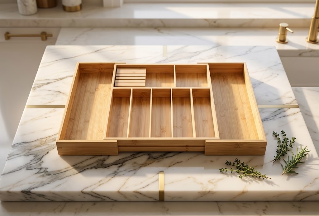 Extra-Large Expandable Bamboo Utensil Drawer Organizer with Knife Block