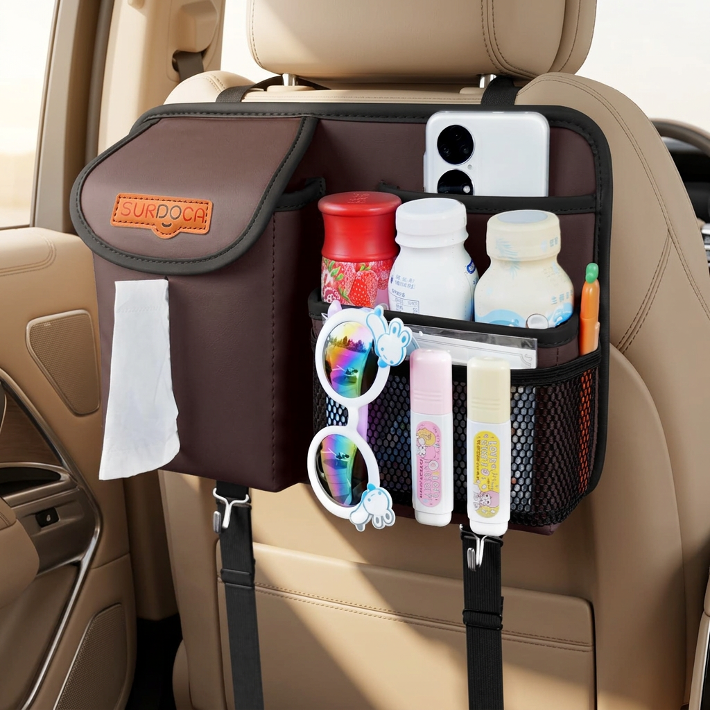 Leather Car Seat Organizer with Tissue Holder and Purse Hooks
