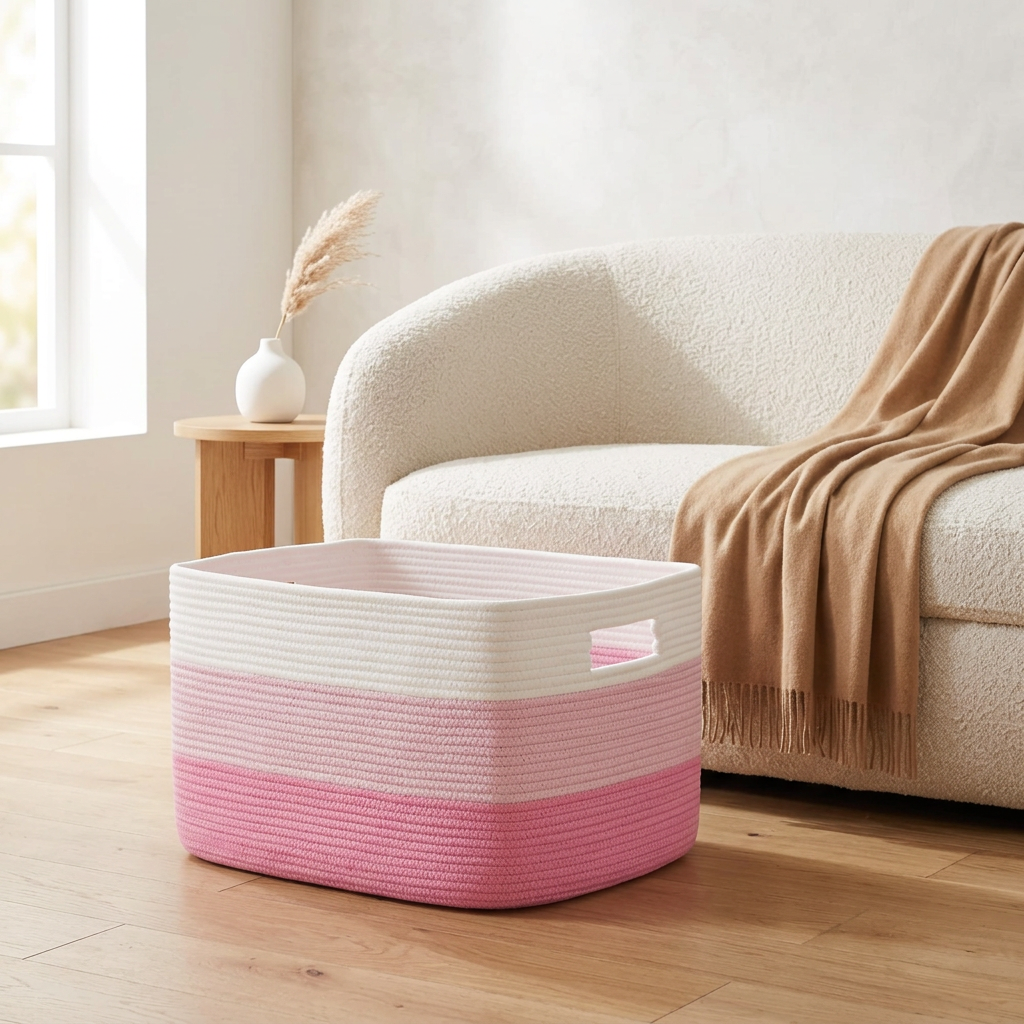Rectangular Woven Cotton Rope Blanket Basket, 30L, Pink