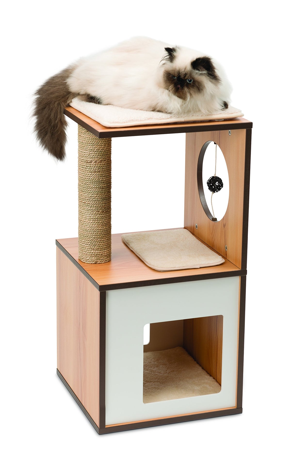 Small Modern Cat Box with Sleeping Cave and Scratching Pillars, Walnut