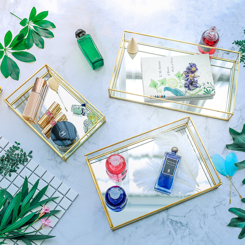 Gold Metal and Glass Vanity Tray, Handmade, 5 Sizes