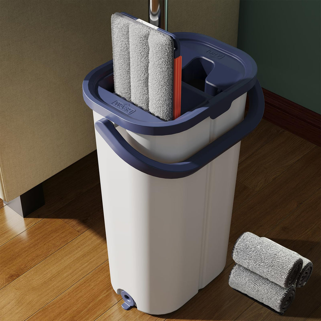 Aluminum Flat Mop and Wringer Bucket Set with 4 Microfiber Pads