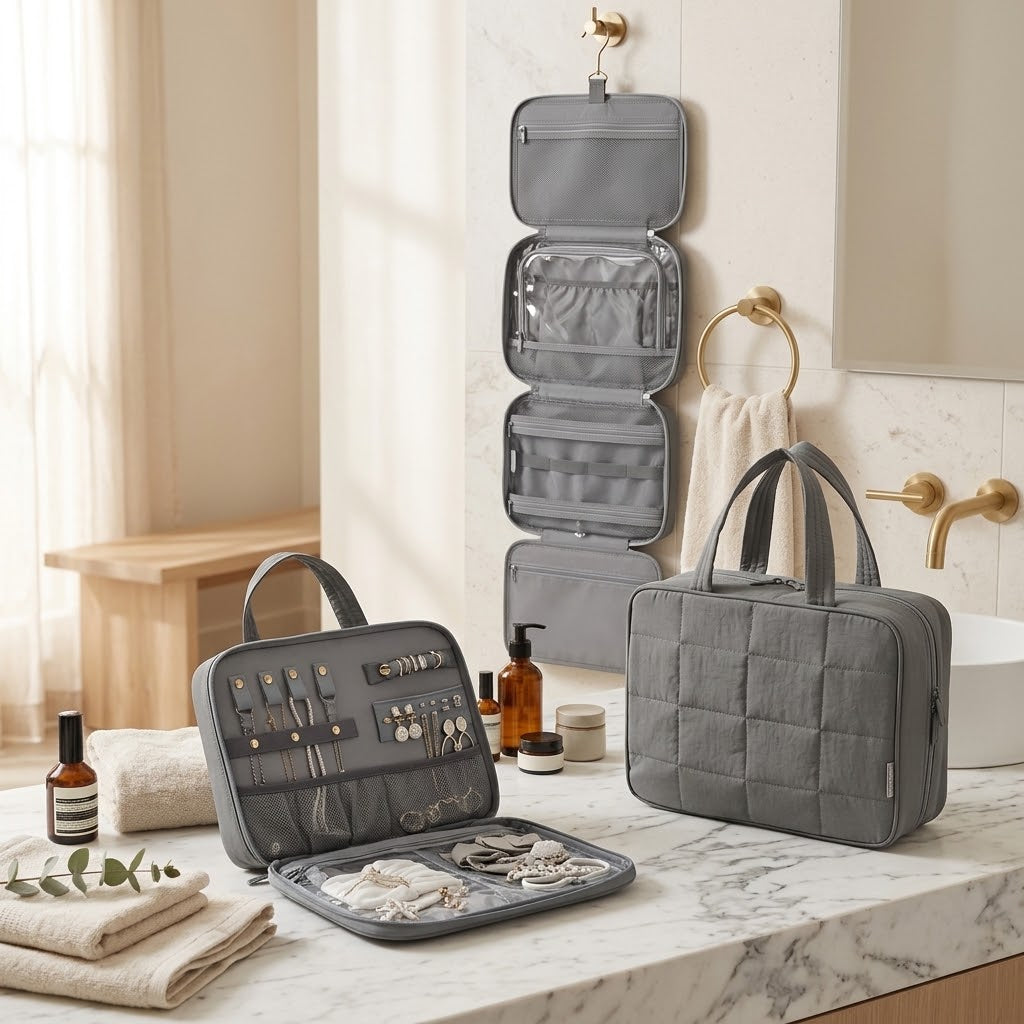 Puffy Hanging Toiletry Bag with Jewelry Organizer, Grey