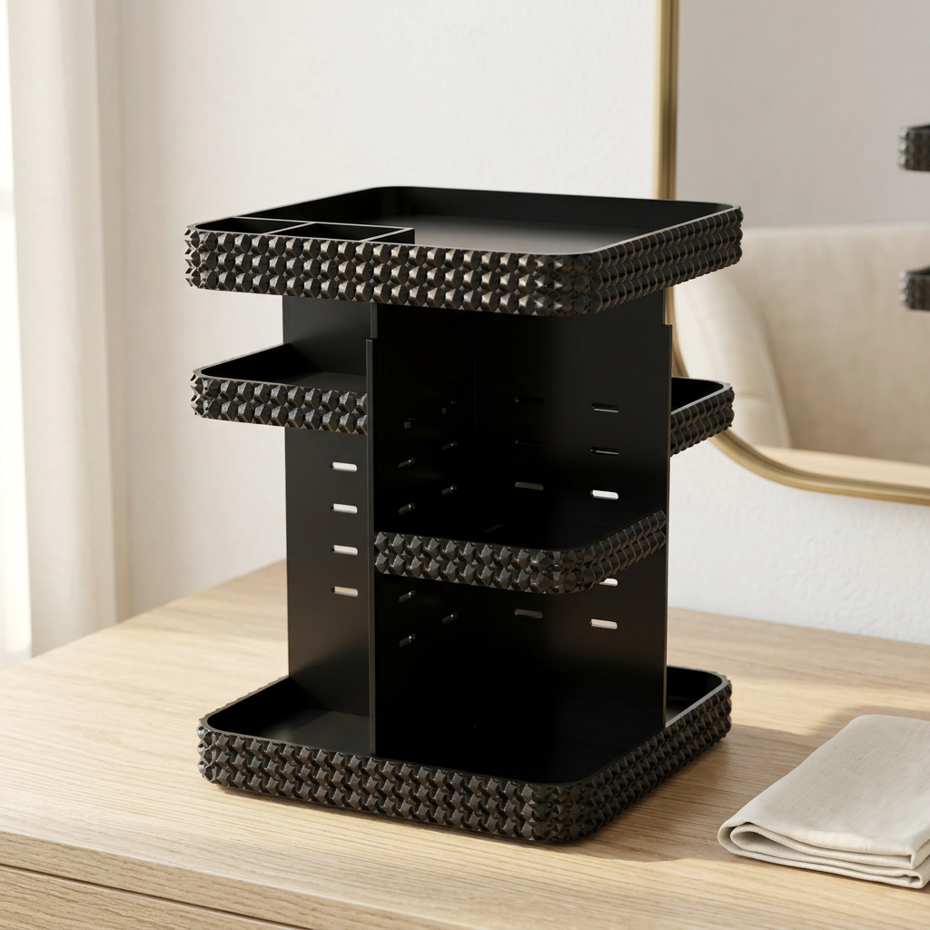 Rotating Acrylic Makeup and Perfume Organizer with Brush Holder, Black