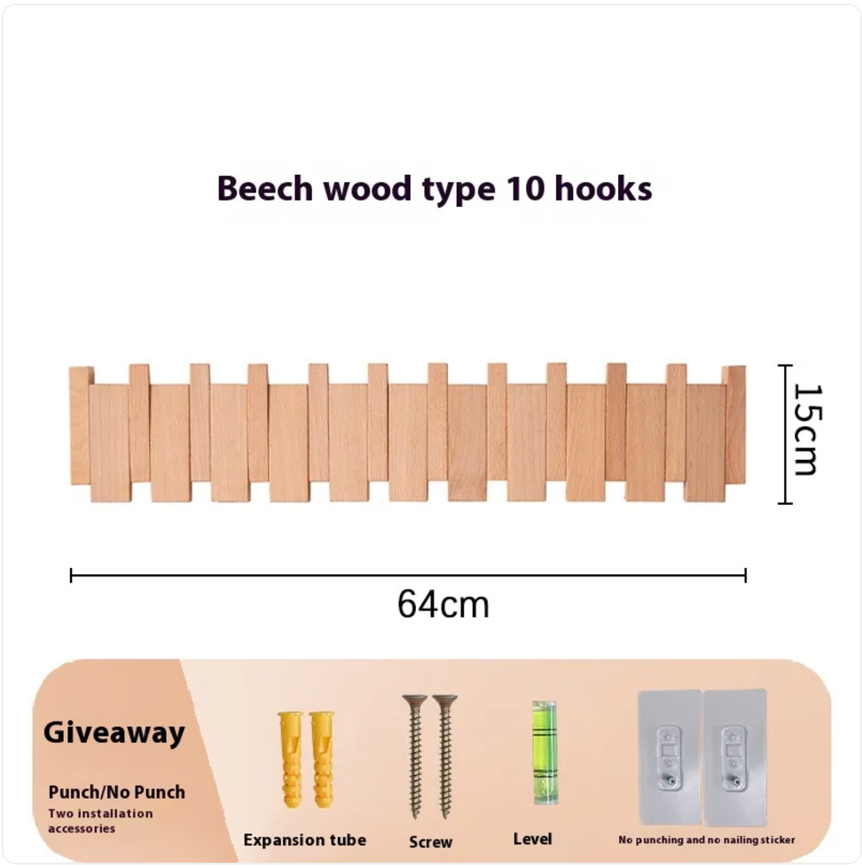Solid Wood Wall Coat Rack with 4 to 12 Hooks for Entryway