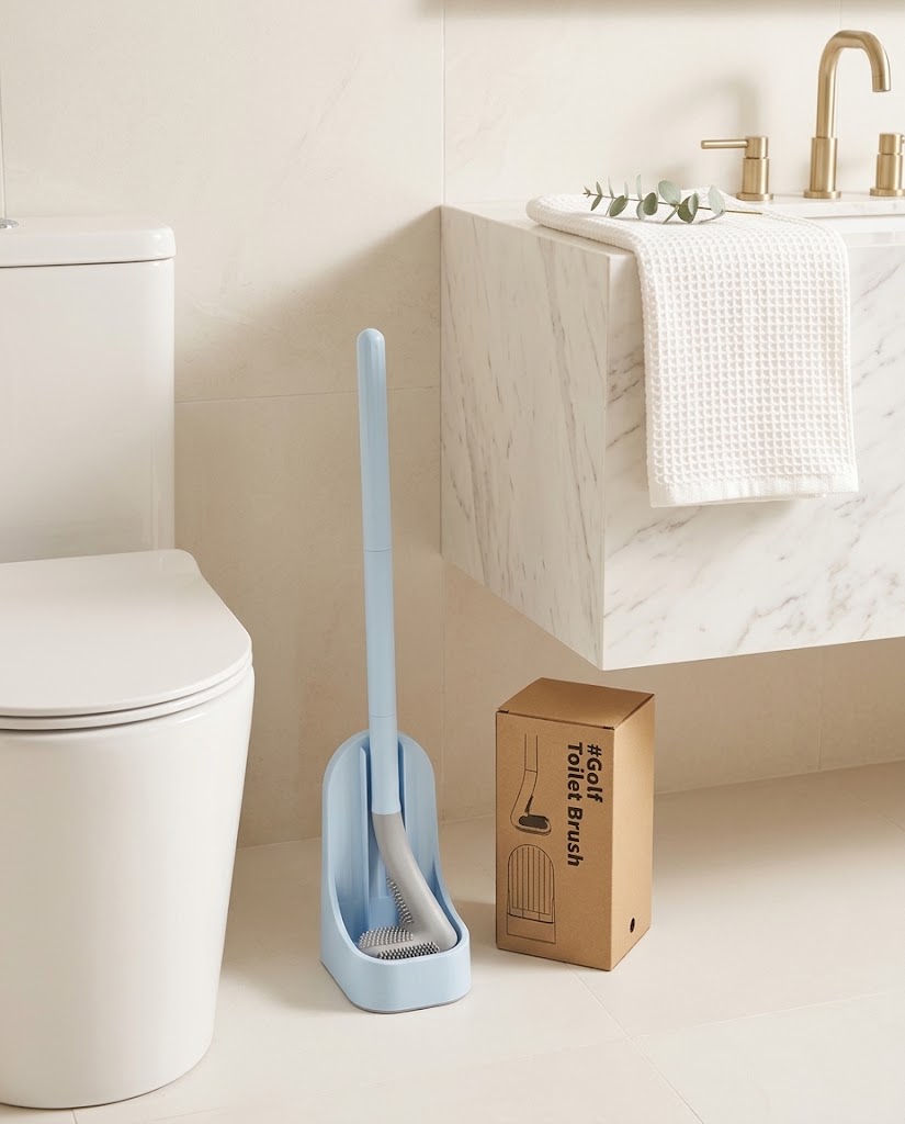 Silicone Toilet Brush with Long Handle and Storage Base, Blue