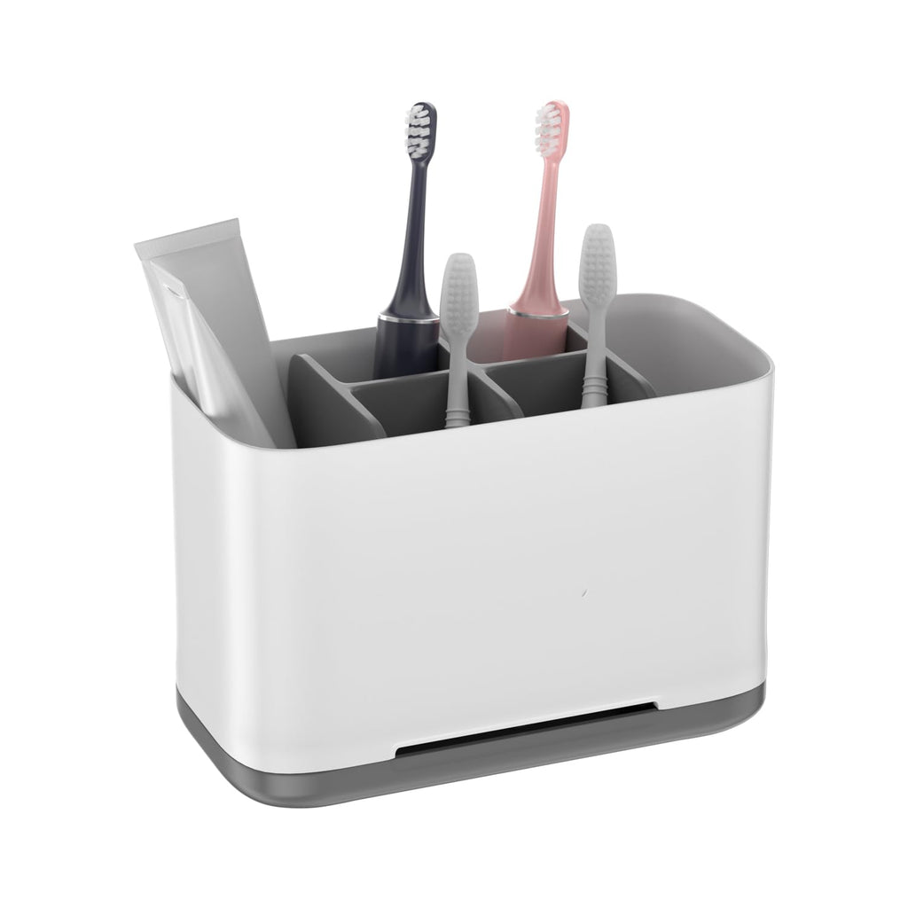 Large Toothbrush and Toothpaste Holder with Adjustable Dividers, Grey