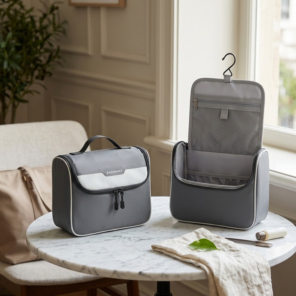 Toiletry Bag with 360-Degree Swivel Hook and 8 Compartments, Grey