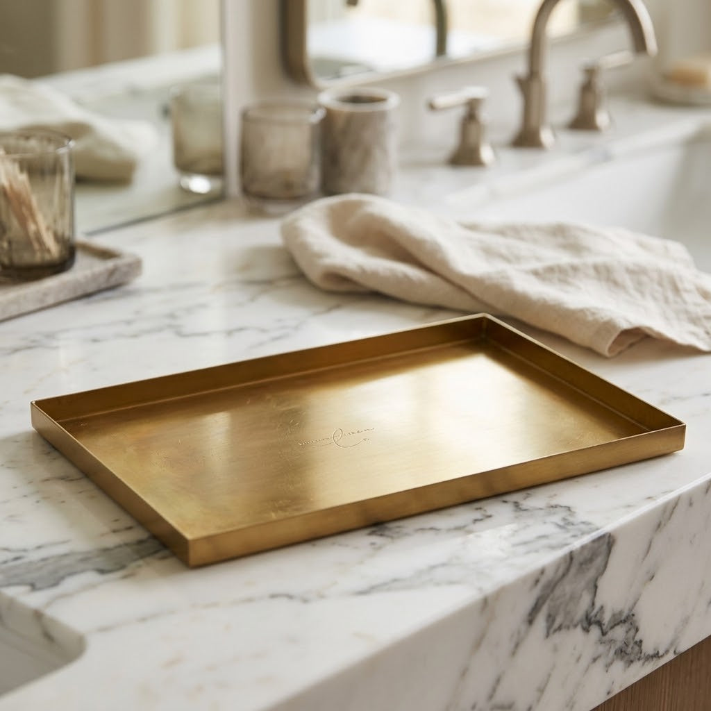 Brushed Gold Metal Vanity Tray with Lettering, 11.9 x 8 in