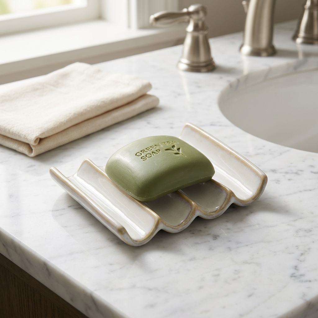 Fluted Ceramic Soap Dish, Self-Draining, 5 x 3.9 in, White