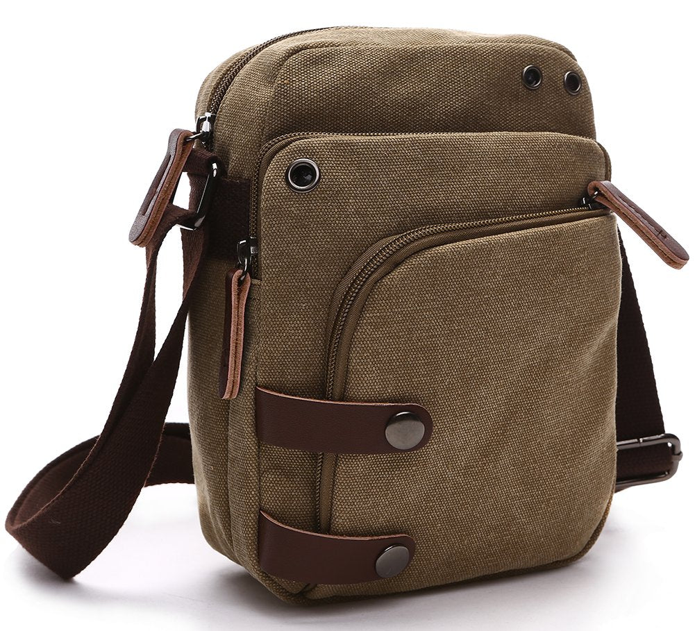 Mini Canvas Crossbody Bag with Adjustable Strap, Khaki