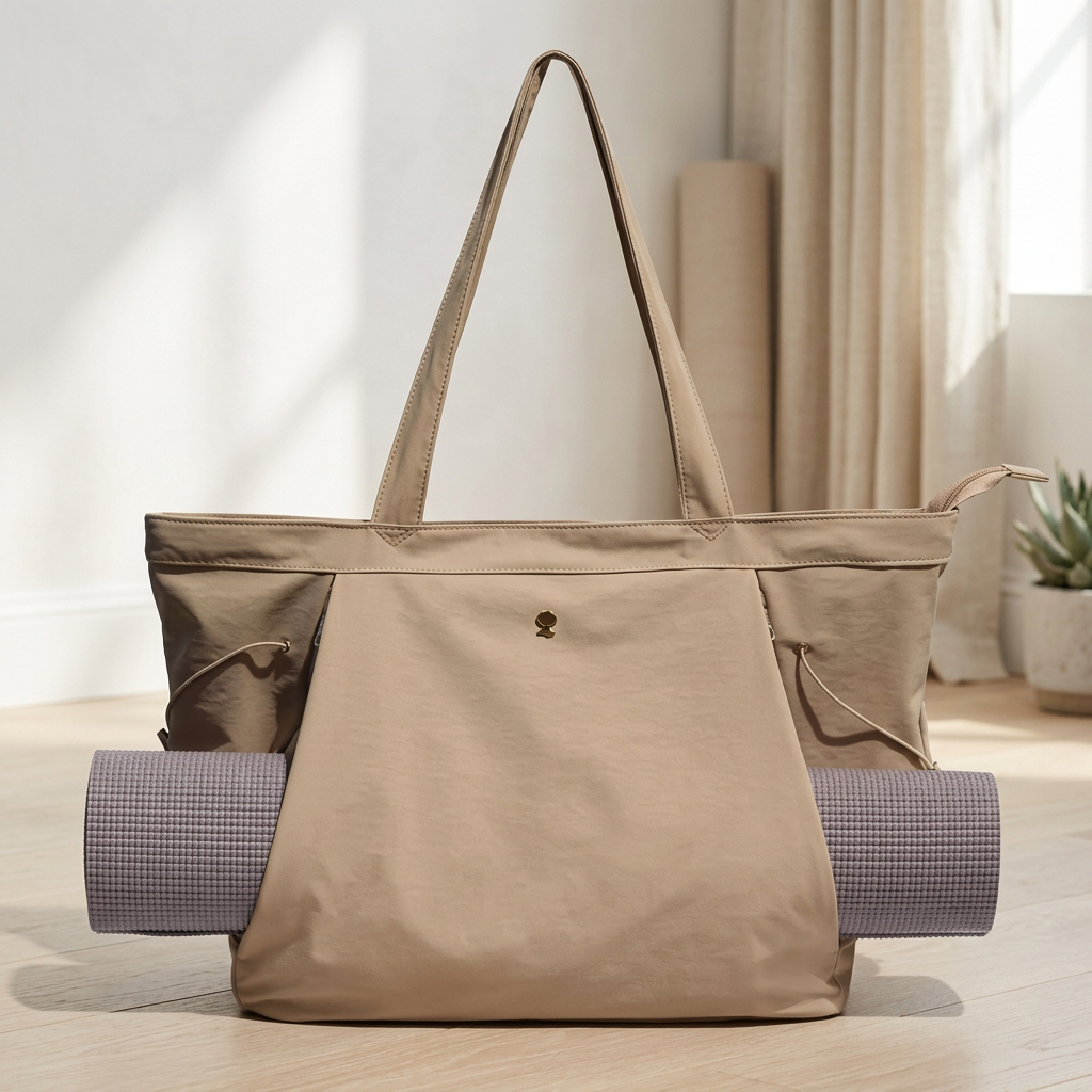 Yoga Tote Bag with Mat Carrier Pocket and Zip Top, Khaki