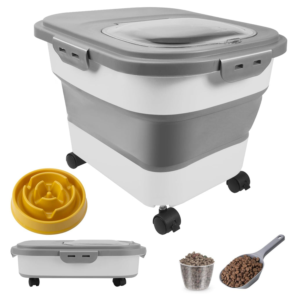 Rolling Collapsible Dog Food Container with Scoop, 20 lb, Grey