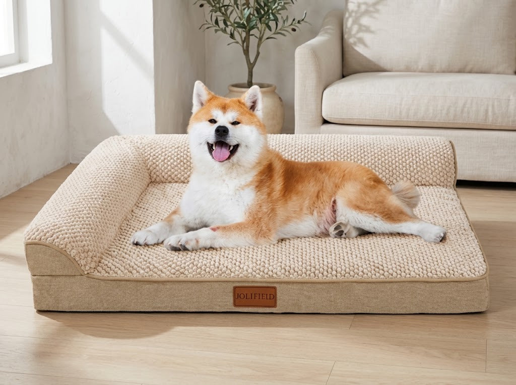L-Shaped Dog Sofa Bed with Egg Crate Foam and Waterproof Liner, Ivory