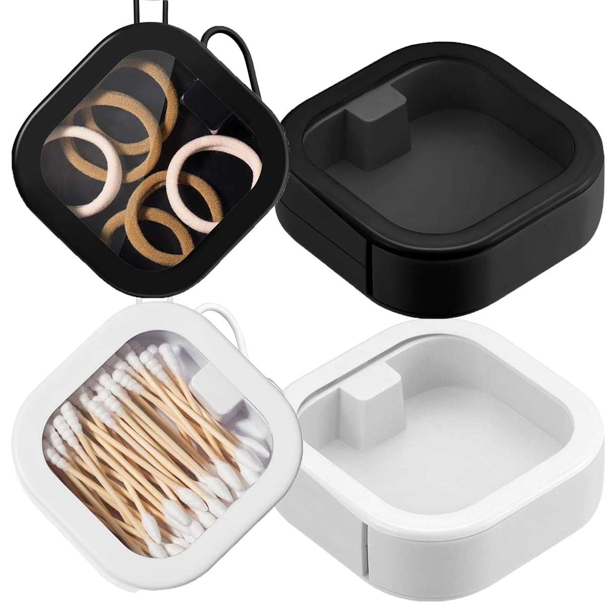 Pocket Q-Tip and Hair Tie Holder with Lid, 2 Pack, Black and White