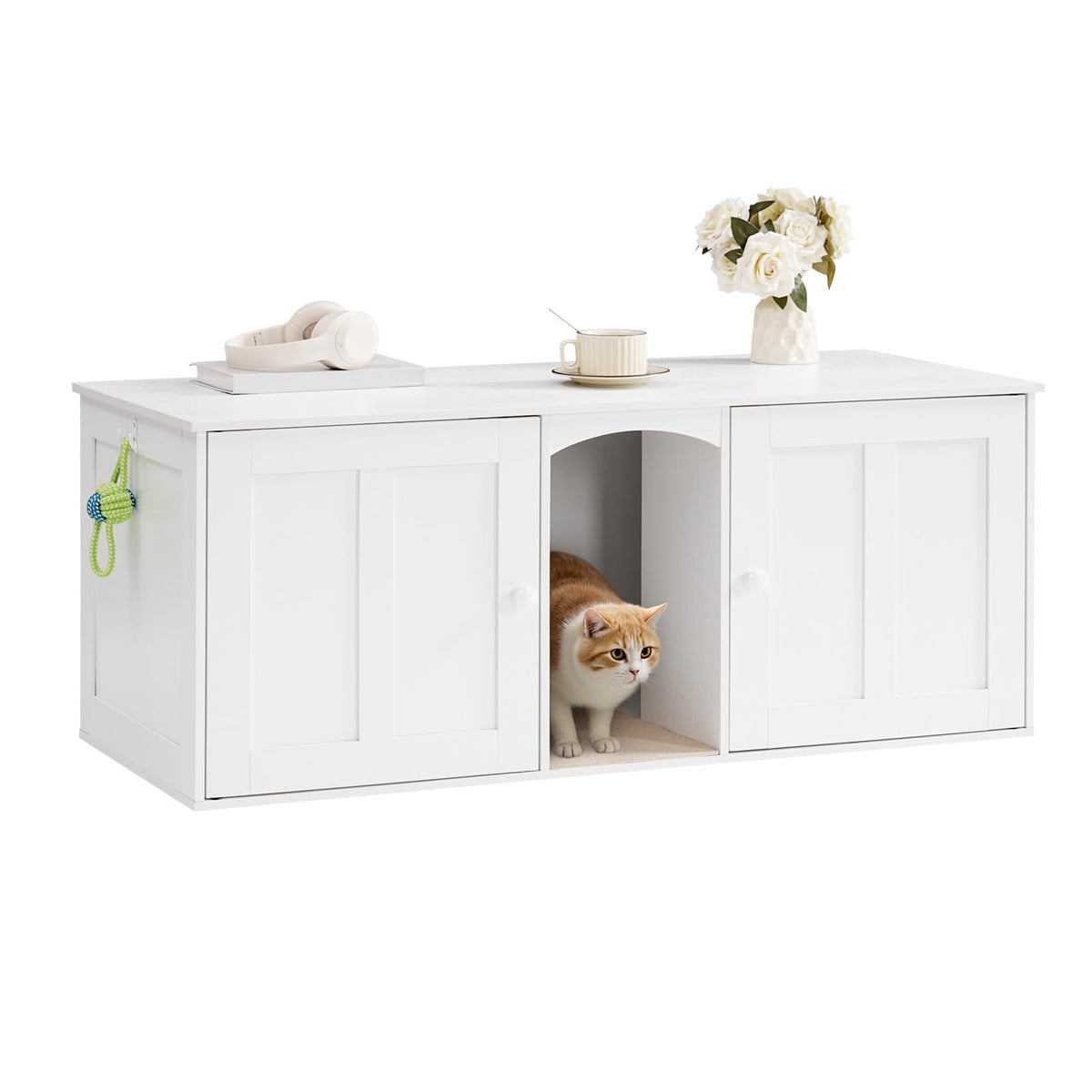 Double-Room Wood Litter Box Furniture with Hooks and Scratch Mat, White
