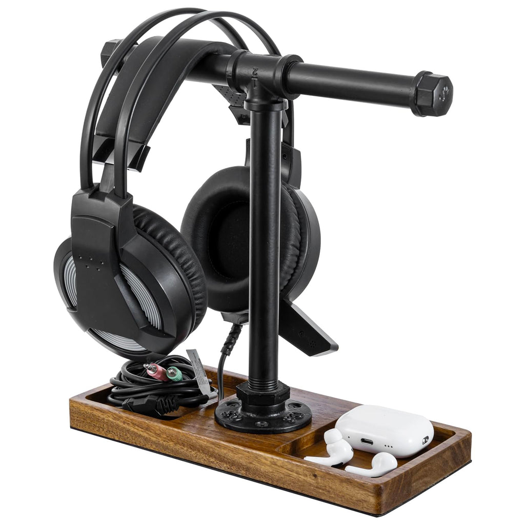 Dual Headphone Stand with Acacia Wood Base and Metal Pipe T-Bar
