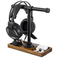 Dual Headphone Stand with Acacia Wood Base and Metal Pipe T-Bar