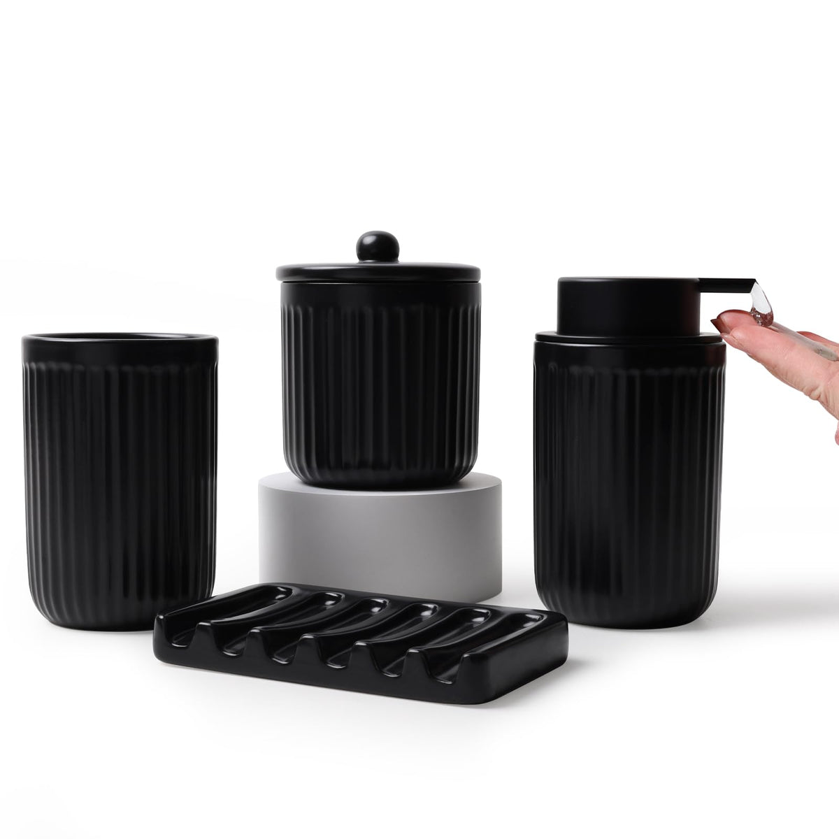 Black Ceramic Bathroom Accessories Set, Soap Dispenser and Jar, Four Pieces