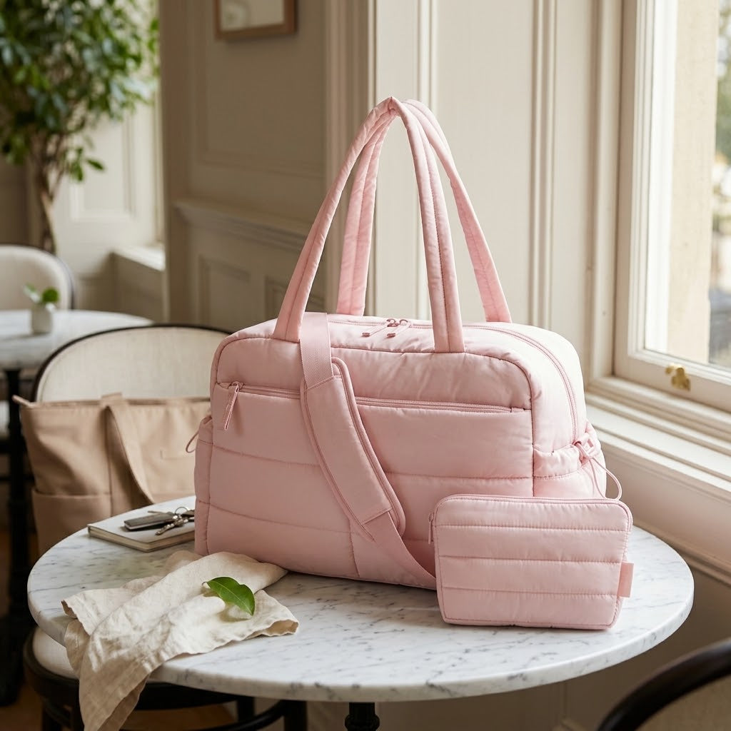 Quilted Puffer Duffel Bag, 31L, Baby Pink