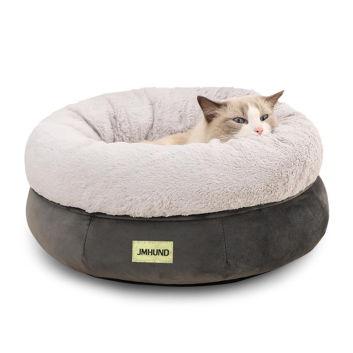 Round Donut Cat Bed with Non-Skid Bottom, Machine Washable, Deep Grey